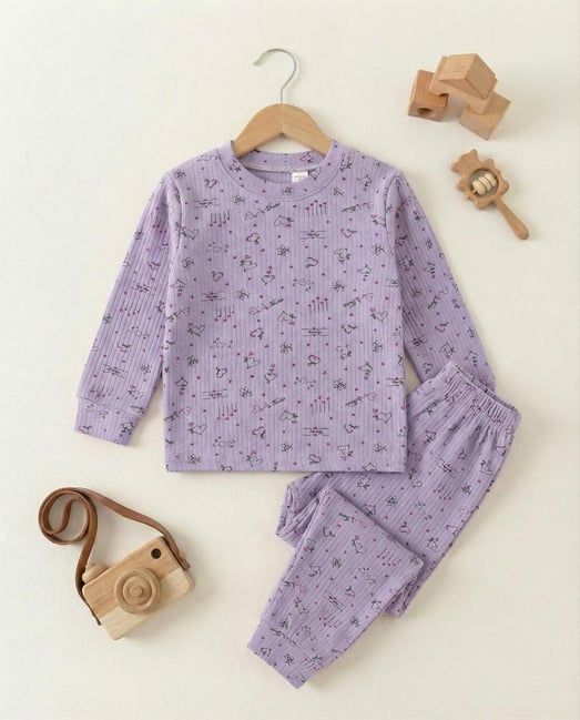 2026-15 Kalp Çizgi Baskılı Kız Çocuk Fitilli Pijama Takımı-LİLA