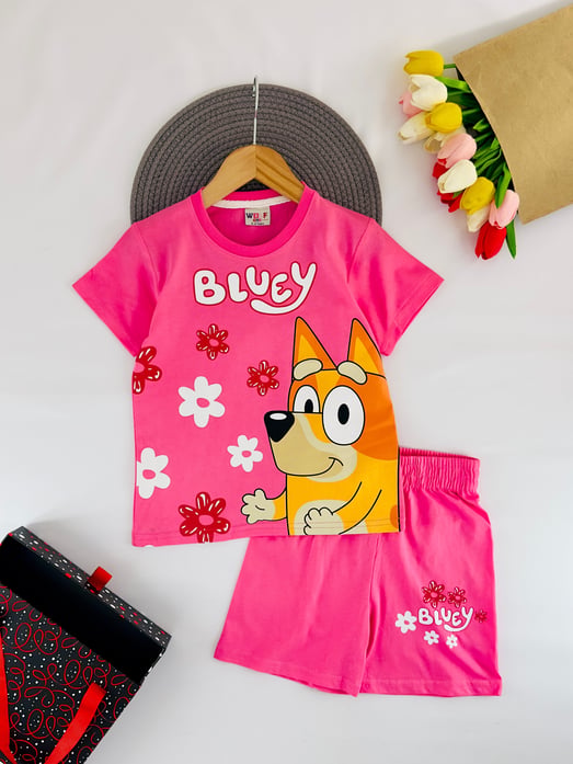 2028-14 Bly Yazılı Çiçek  Baskılı Kız Çocuk Şortlu Takım-PEMBE