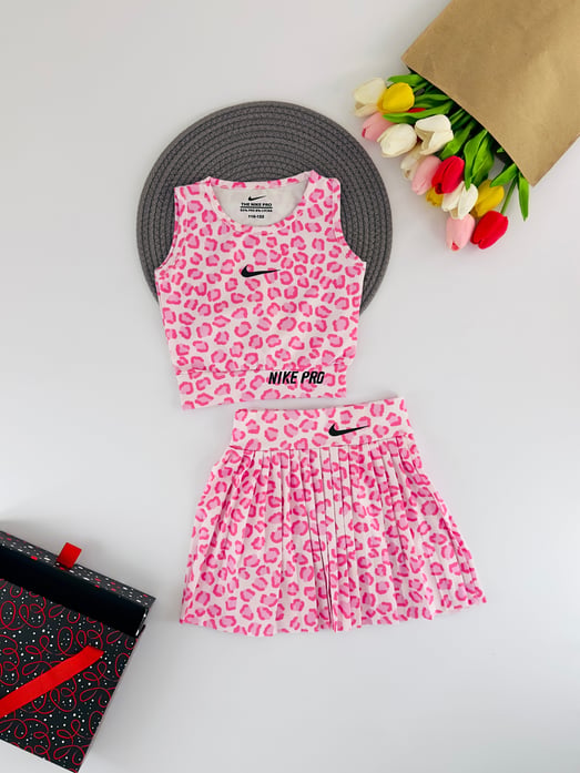 2100-2 Leopar Desen Şort Etekli Askılı Kız Çocuk Mayo Takım-Leopar Pembe