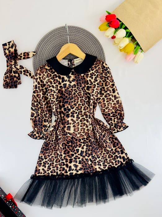21006 Tüllü Leopar Desenli Kız Çocuk Elbise-LEOPAR