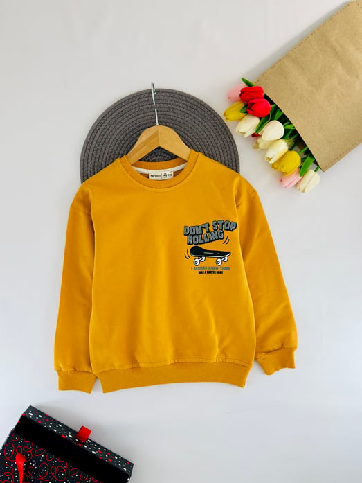 21602 Dont Stop Rolling Yazılı Erkek Çocuk Sweat-HARDAL