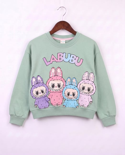 21701 Çoklu Labubu Baskılı Kız Çocuk Sweeat-YEŞİL