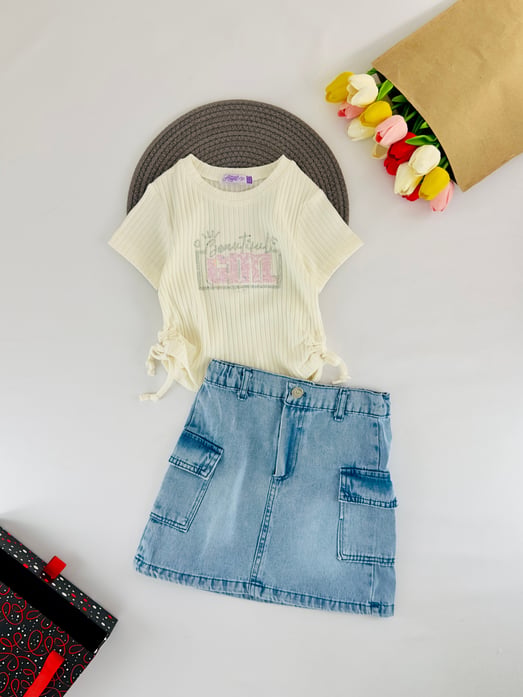 2187 Girly Pul Detaylı Yazılı Kız Çocuk Takım-BEYAZ