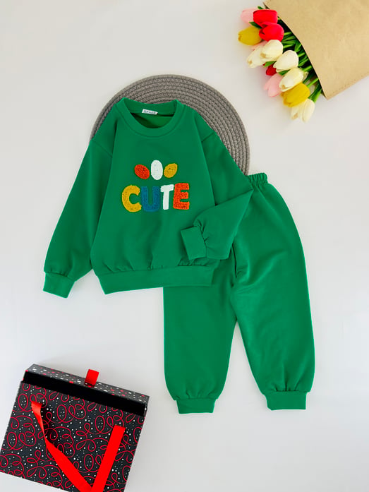 2205-3 Cute Nakışlı Mevsimlik Erkek Çocuk Takım-ÇİM YEŞİLİ