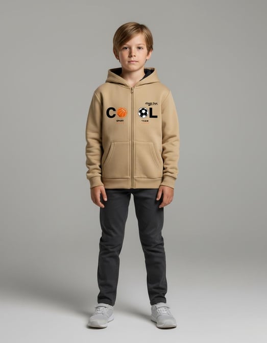2264270 Cool Sport Nakışlı Kapşonlu Üç İp Erkek Çocuk Hırka-KREM