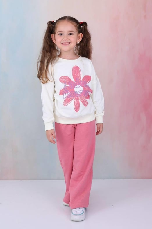 2273 I Adore Flowers Yazılı papatya Baskılı Kız Çocuk Üç İplik Şardonsuz Takım-GÜL KURUSU