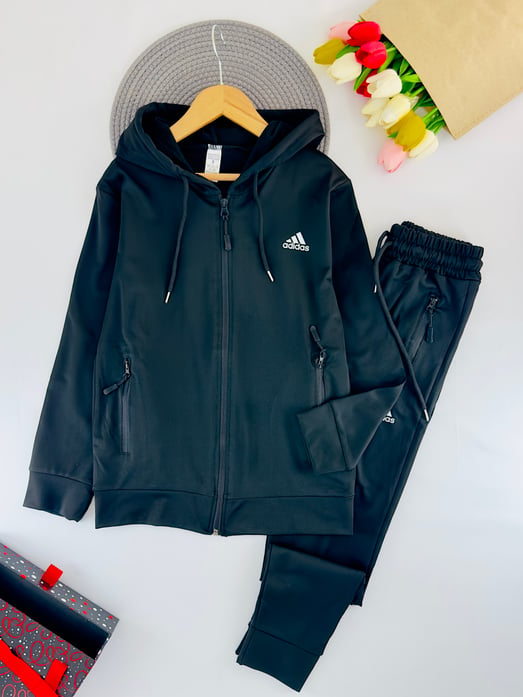 23501 Adidas Baskılı Dalgıç Kumaş  Unisex Eşofman Takım-SİYAH