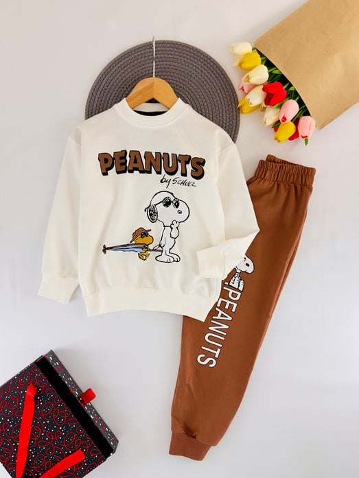 2408-11 Peanuts Yazılı Snoopy Baskılı Erkek Çocuk Takım-BEYAZ