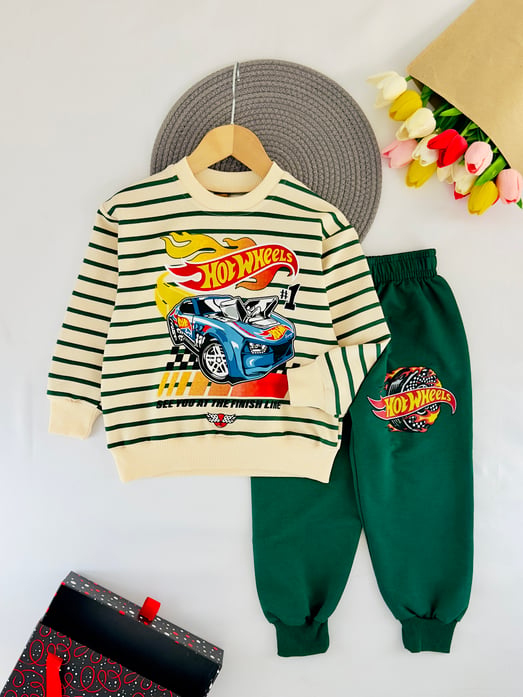 2408-18 Hot Wheels Baskılı Erkek Çocuk Takım-YEŞİL