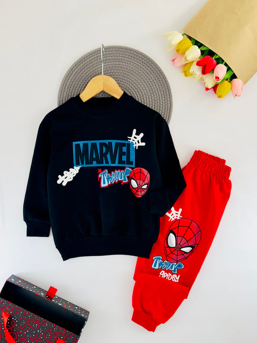 2408-4 Marvel Thwip Baskılı Erkek Çocuk Takım-SİYAH