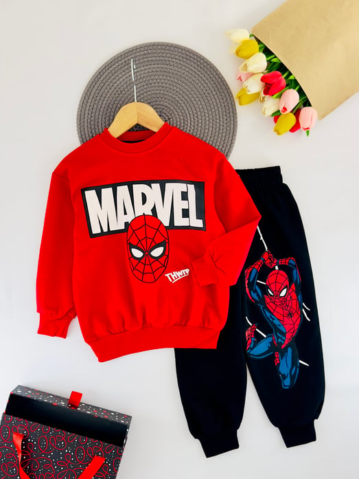 2408-7 Marvel Yazılı Spıderman Baskılı Erkek Çocuk Takım-KIRMIZI
