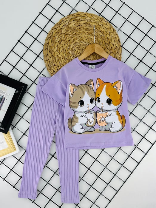 2416-2 Kedi Baskılı Kız Çocuk Takım-LİLA