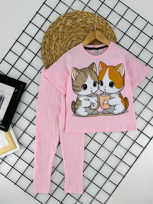 2416-2 Kedi Baskılı Kız Çocuk Takım-TOZ PEMBE