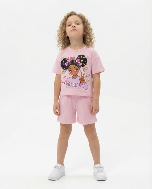 2417-2 Girl Yazılı  Baskılı Kız Çocuk Şortlu Takım-PEMBE