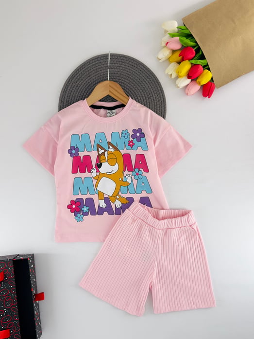 2417-6 Mama Yazılı Bluey Baskılı Kız Çocuk Şortlu Takım-PEMBE