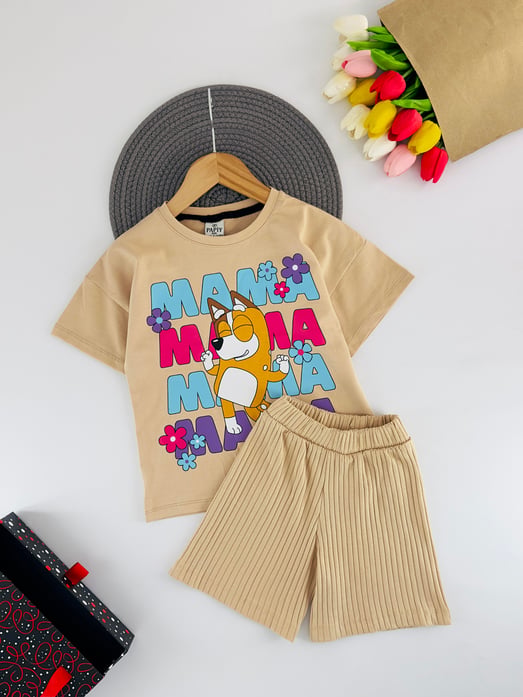 2417-6 Mama Yazılı Bluey Baskılı Kız Çocuk Şortlu Takım-BEJ