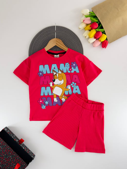 2417-6 Mama Yazılı Bluey Baskılı Kız Çocuk Şortlu Takım-FUŞYA
