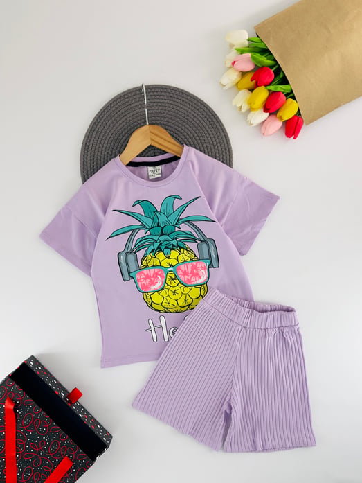 2417-9 Hello Yazılı Ananas Baskılı Kız Çocuk Şortlu Takım-LİLA