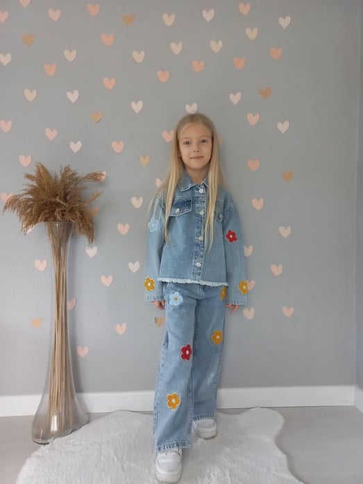 2452-1 Büyük Papatya Nakışlı Kız Çocuk Kot Takım-MAVİ