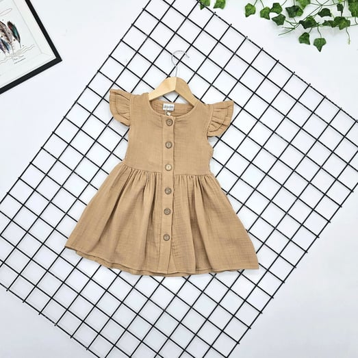 2472 Muslin Kumaş Önü Düğmeli Kız Çocuk Elbise-TABA