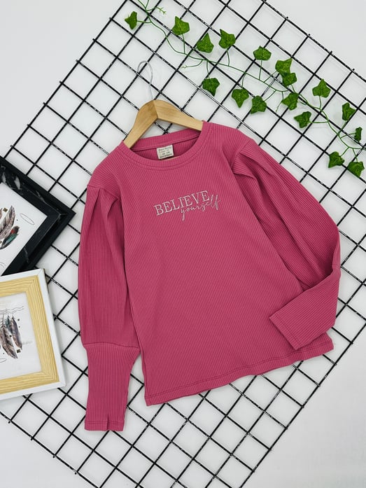 25801 Belıeve Yazılı Kız Çocuk Fitilli Kumaş Bady-GÜL KURUSU