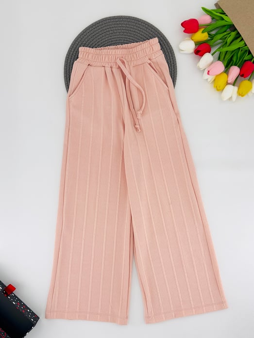 26021 Bel Lastikli Çizgi Desen Kız Çocuk Bol Paça Pantolon-PEMBE
