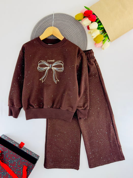 261132 Fiyonk Pul Nakışlı Oversize Kız Çocuk takım-KAHVE