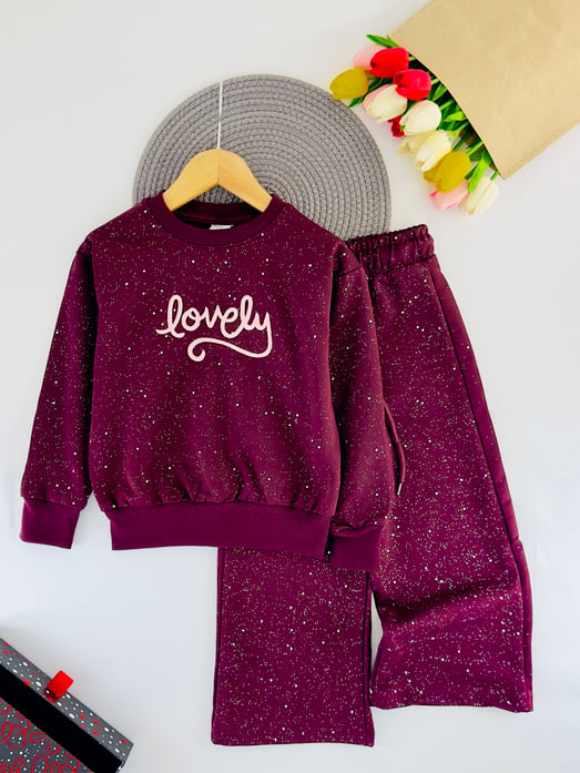 261134 Lovely Nakışlı Işıltılı Oversize Kız Çocuk Takım-BORDO