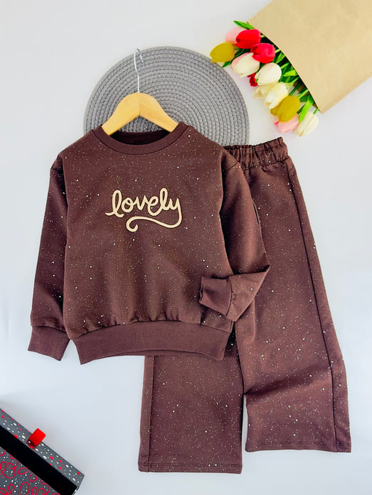 261134 Lovely Nakışlı Işıltılı Oversize Kız Çocuk Takım-KAHVE