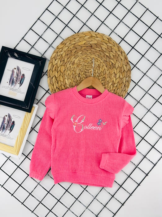 2747 Omuz Fırfırlı Çiçek Nakışlı Kız Çocuk Sweat-KOYU PEMBE