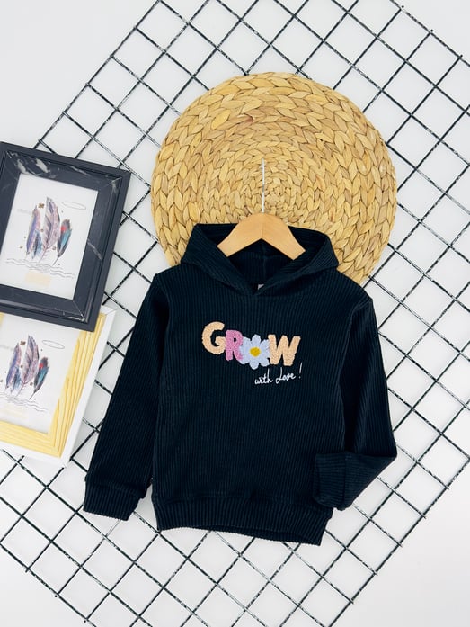 2748 Grow Çiçek Nakışlı Kız Çocuk Fitilli Sweat-SİYAH