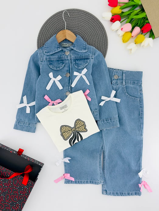 27614-2 Kurdale Detaylı İçi Badili Kız Çocuk Kot Takım-MAVİ