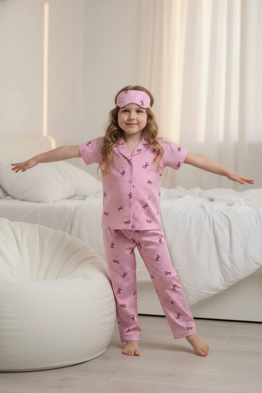 29000-17 Çizgili Kurdale Baskılı Kız Çocuk Penye Kısa Kol Düğmeli Bandanalı Pijama Takım-PEMBE
