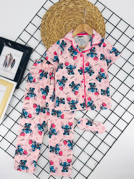 29000-2 Stch Baskılı Kız Çocuk Penye Kısa Kol Pijama Takım-TOZ PEMBE