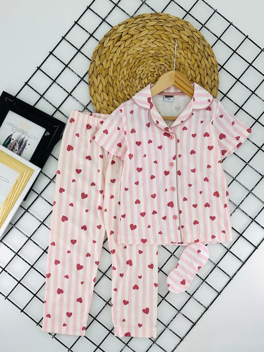 29000-4 Kalp Baskılı Kız Çocuk Kısa Kol Bandanalı Pijama Takım-PEMBE