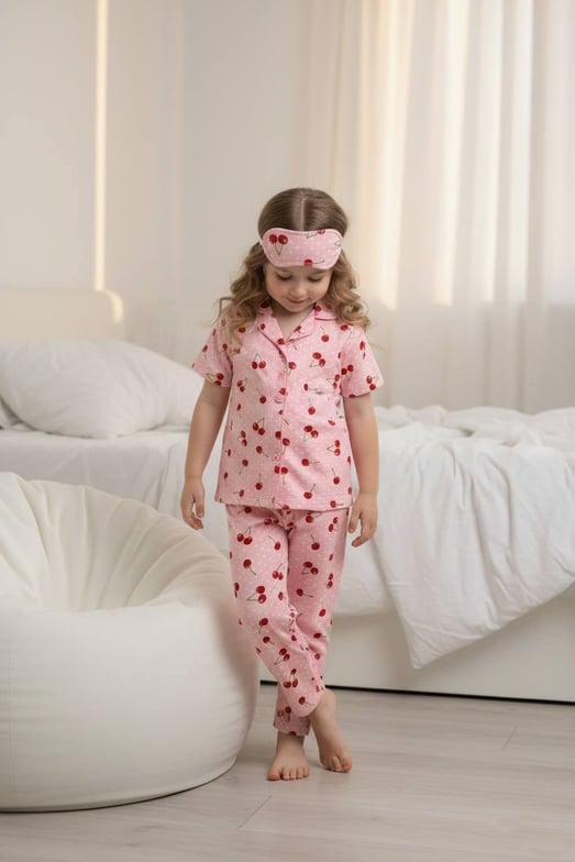 29000-5 Kiraz Nokta Baskılı Kız Çocuk Penye Kısa Kol Düğmeli Bandanalı Pijama Takım-TOZ PEMBE