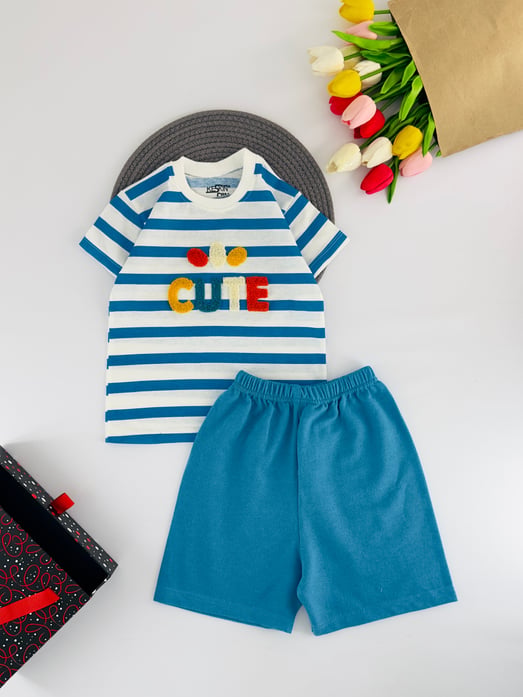 3003-3 Cute Yazılı Çizgili Erkek Çocuk Şortlu Takım-MAVİ