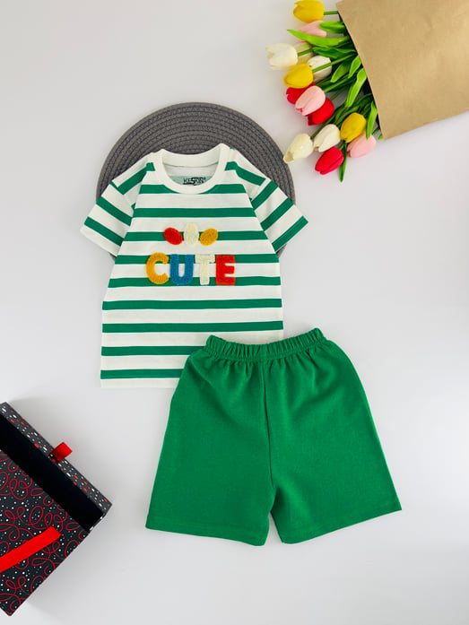 3003-3 Cute Yazılı Çizgili Erkek Çocuk Şortlu Takım-YEŞİL