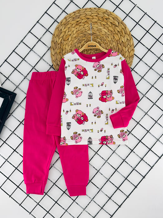 3011-1 Love Ayıcık Baskılı Penye Kumaş Kız Çocuk Pijama Takım-FUŞYA