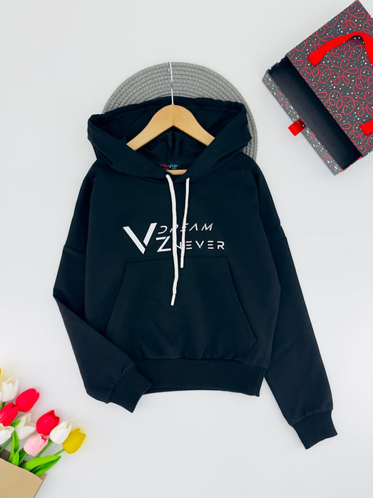 3013-10 Dream Yazılı Kapşonlu Kanguru Cepli Unisex Sweat-SİYAH