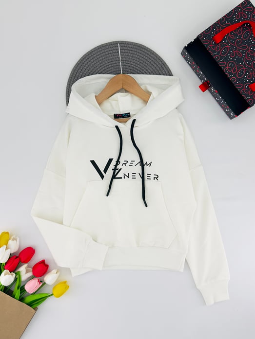 3013-10 Dream Yazılı Kapşonlu Kanguru Cepli Unisex Sweat-BEYAZ
