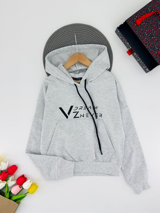 3013-10 Dream Yazılı Kapşonlu Kanguru Cepli Unisex Sweat-GRİ