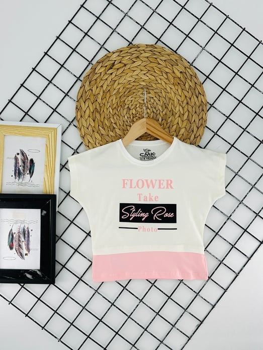 30180 Flower Take Yazılı Kız Çocuk Penye Tişört-KREM
