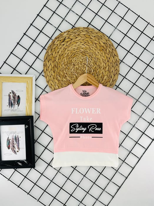 30180 Flower Take Yazılı Kız Çocuk Penye Tişört-PEMBE