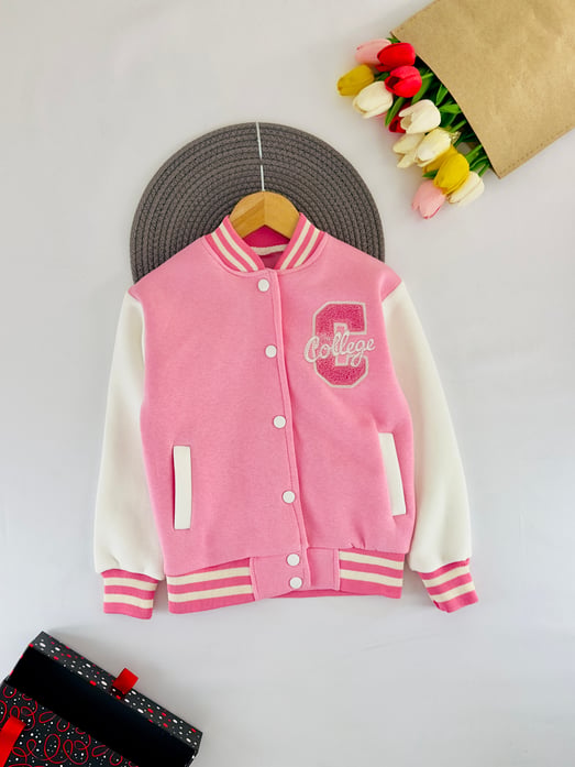 3023-2 C College Nakışlı Kız Çocuk Kolej Hırka-PEMBE