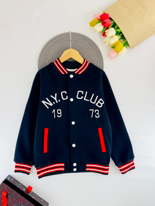 3026 Nyc Clup Nakışlıı Erkek Çocuk Kolej Hırka-SİYAH