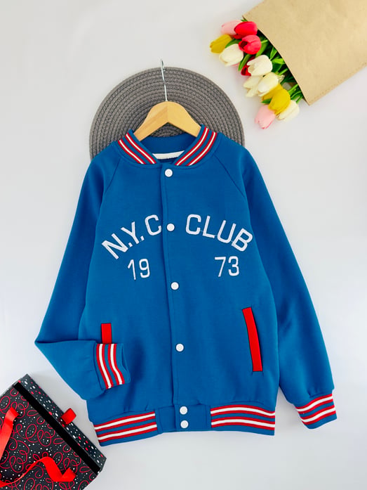 3026 Nyc Clup Nakışlıı Erkek Çocuk Kolej Hırka-SAKS MAVİ