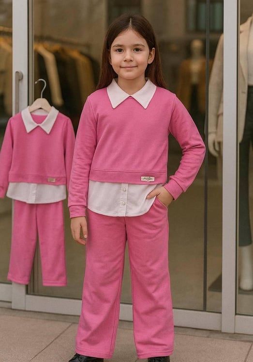 3055 Yakalı Oysho Kumaş İki İplik İspayol Paça Kız Çocuk Takım-PEMBE
