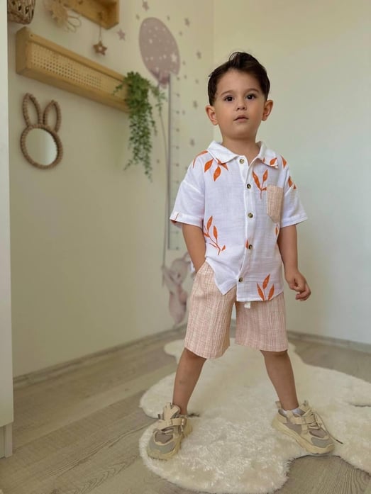 3170 Gömlekli Yaprak Desen Erkek Çocuk Keten Şortlu Takım-TURUNCU