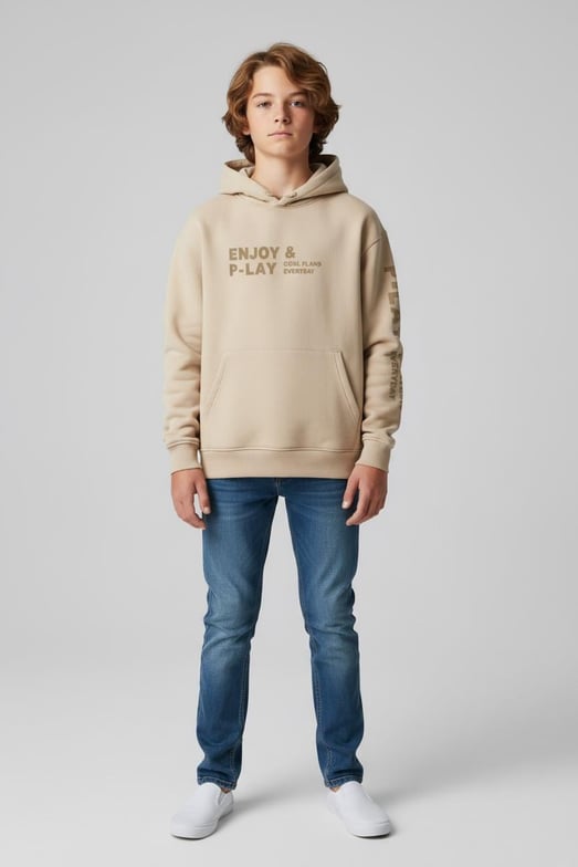 3264365 Enjoy Yazılı Kapşonlu İki İplik Erkek Çocuk Sweat-BEJ